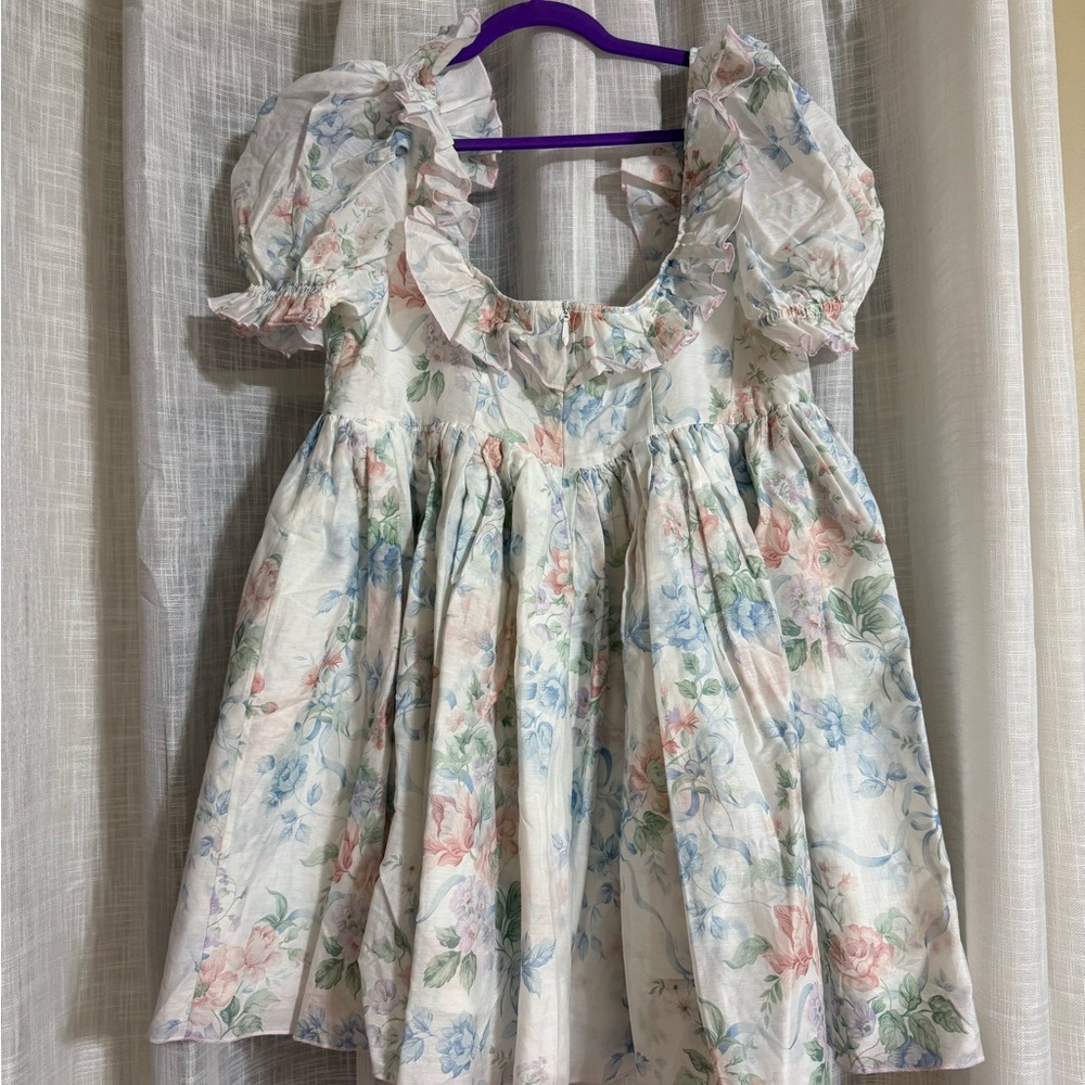 Selkie Floral Mini Dress with Pink Bow - Picture 2 of 6